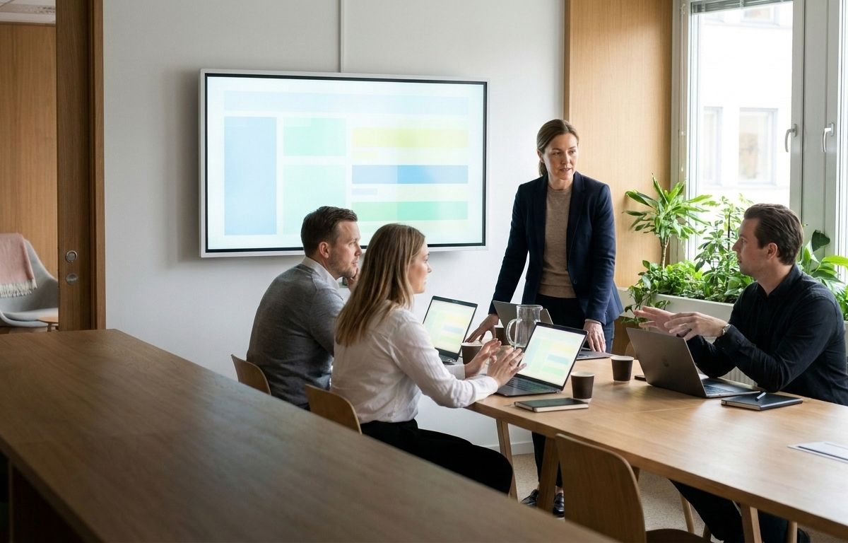 A working meeting in a bright office in front of a switched-on screen, where one participant has paused mid-task and turned towards the colleague standing at the screen.