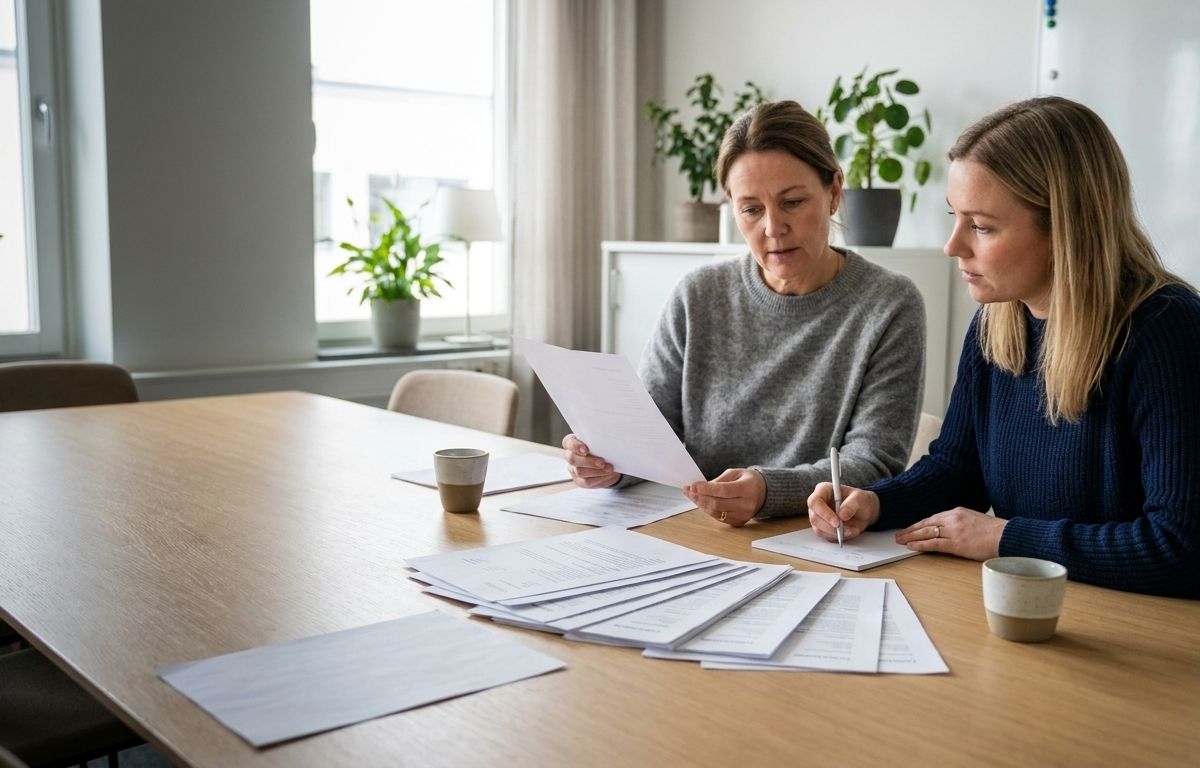 Two people in conversation across a table in a small meeting room. Notepads and coffee cups on the table, no screens.